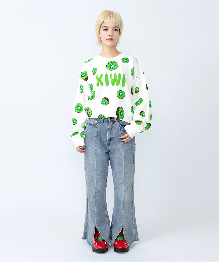 フロントスリットデニムフレアパンツ