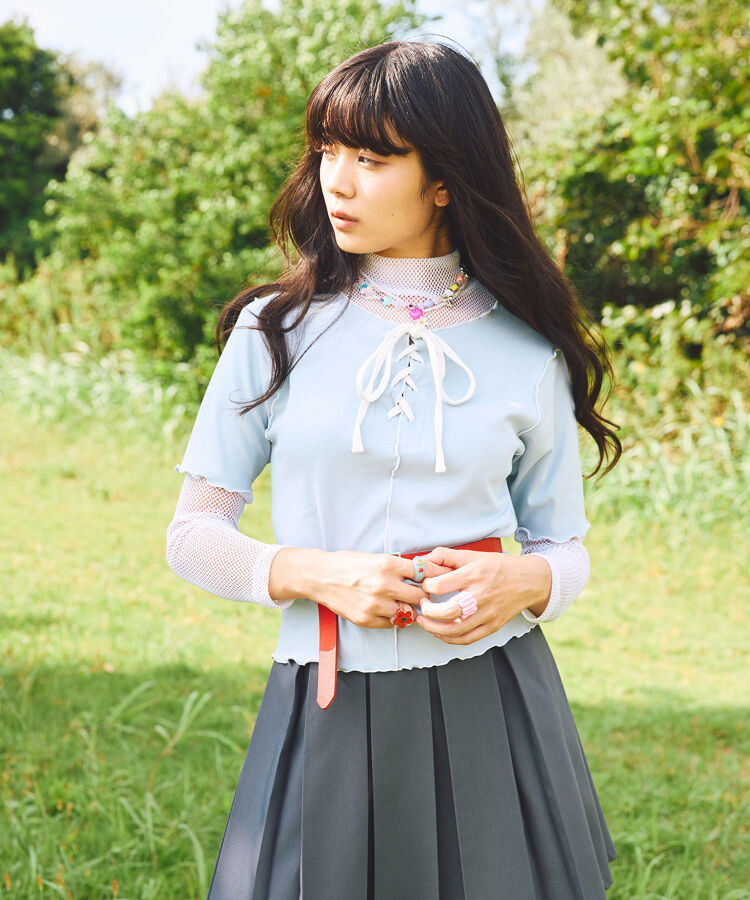 レースアップ配色メロウTシャツ