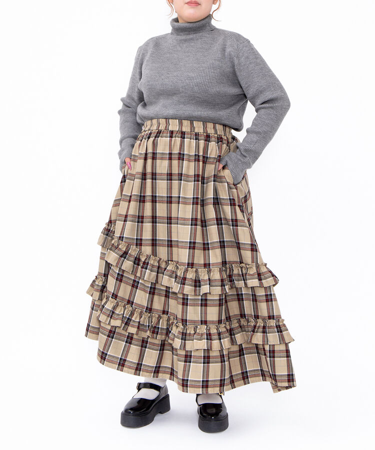 アシンメトリーチェックフリルロングスカート