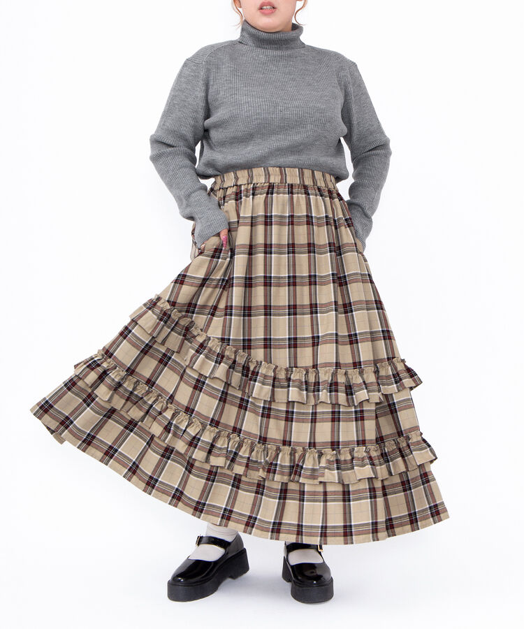 アシンメトリーチェックフリルロングスカート