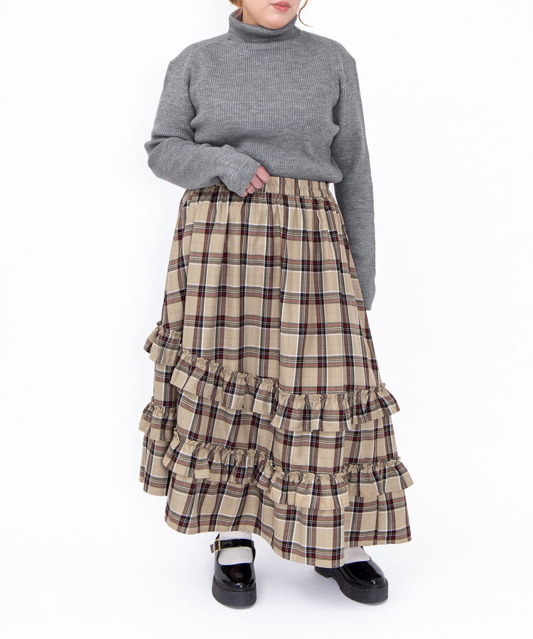 アシンメトリーチェックフリルロングスカート