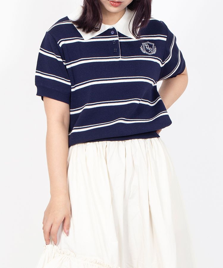 半袖ボーダーポロニット
