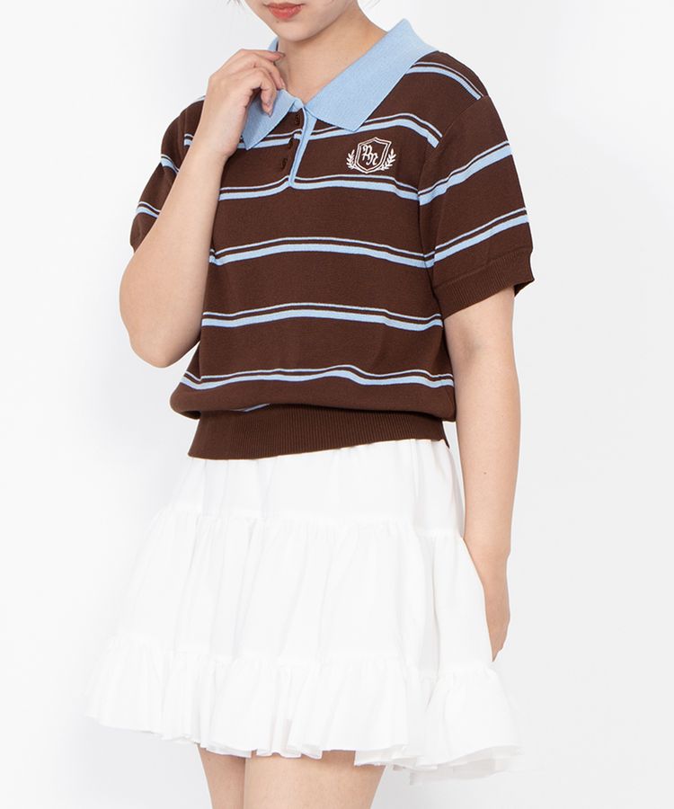 半袖ボーダーポロニット