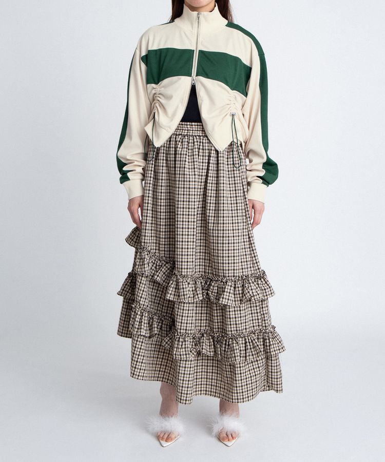 アシンメトリーチェックフリルロングスカート