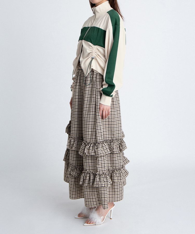 アシンメトリーチェックフリルロングスカート