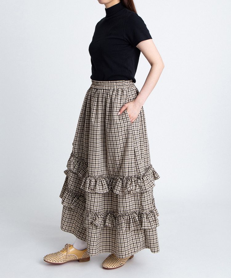 アシンメトリーチェックフリルロングスカート