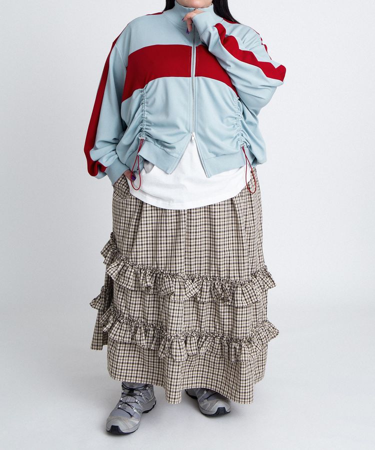 アシンメトリーチェックフリルロングスカート