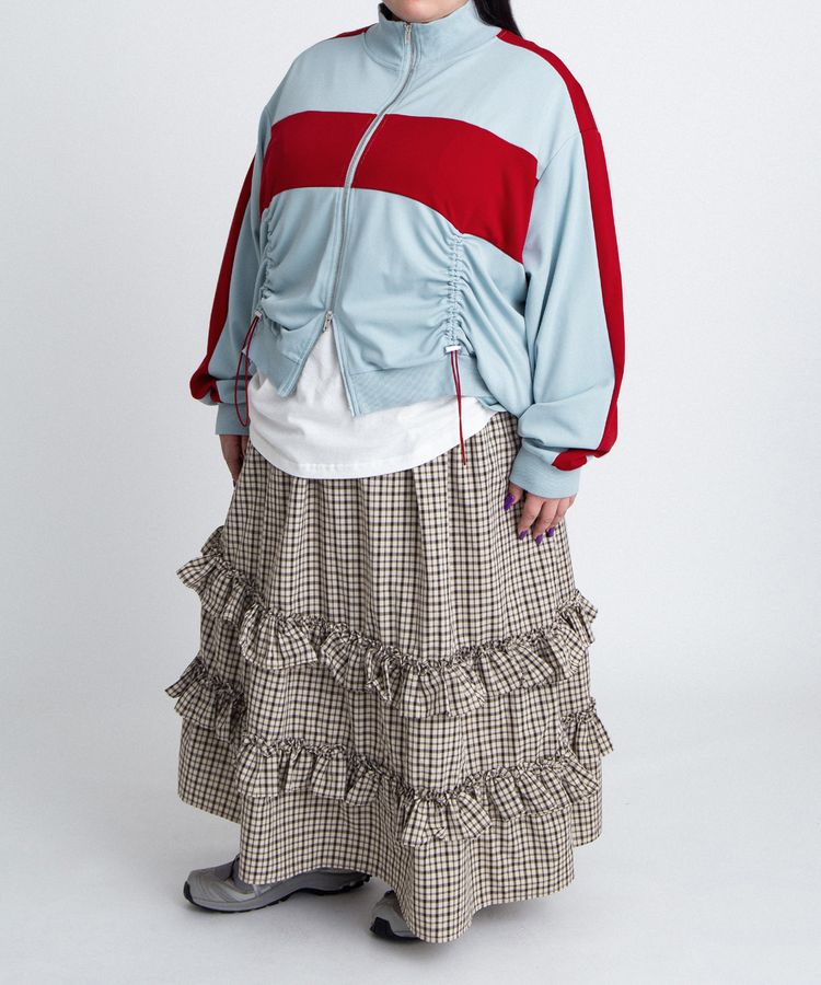 アシンメトリーチェックフリルロングスカート