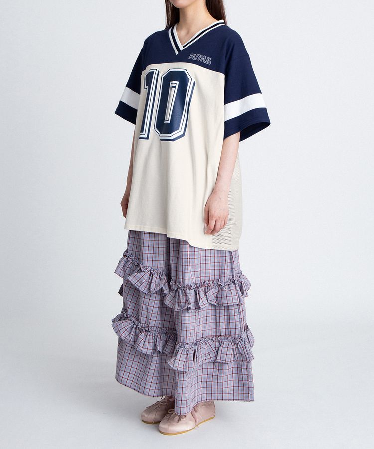 アシンメトリーチェックフリルロングスカート