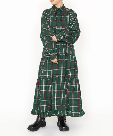 PUNYUS パフスリーブティアードチェックワンピース　グレー パフスリーブティアードチェックワンピース[商品：PN24AW-058