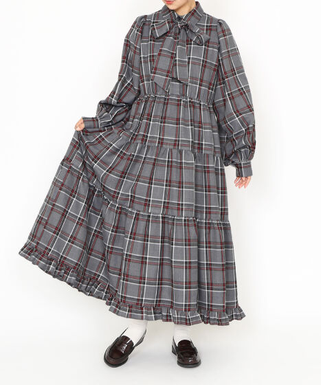 パフスリーブティアードチェックワンピース[商品：PN24AW-058