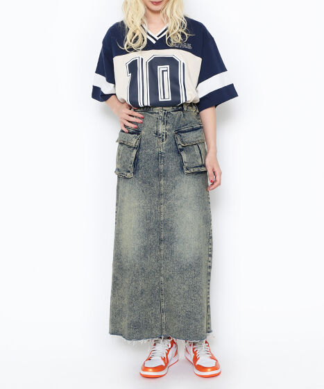 デザインデニムカーゴロングスカート[商品：PN24SS-037