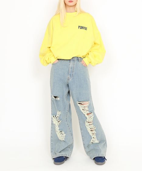 Neverseez ダメージジーンズ きやすく ワイドパンツ 泥染め 