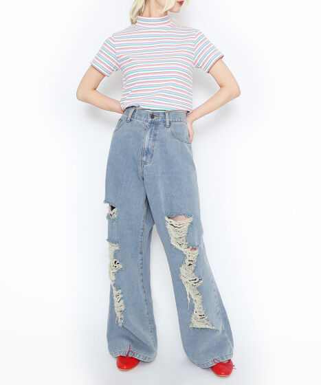 ウォッシュ加工 ダメージ ワイド デニム パンツ a43 983a623032e5457ab9fae46312e365