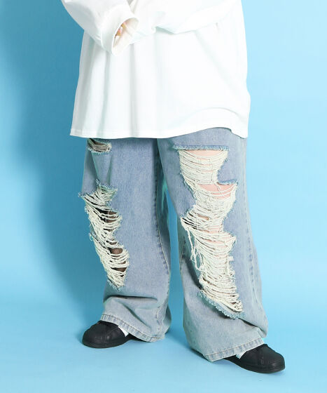 WILDGEN*日本未*ダーティウォッシュ/ダメージワイドデニムパンツ 日本未入荷WILDGEN*ダーティウォッシュ/ダメージ ワイドデニム