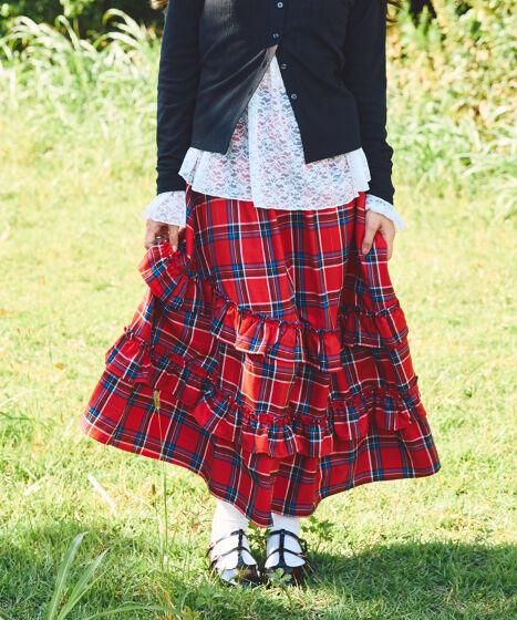 アシンメトリーチェックフリルロングスカート[商品：PN25AWR-013