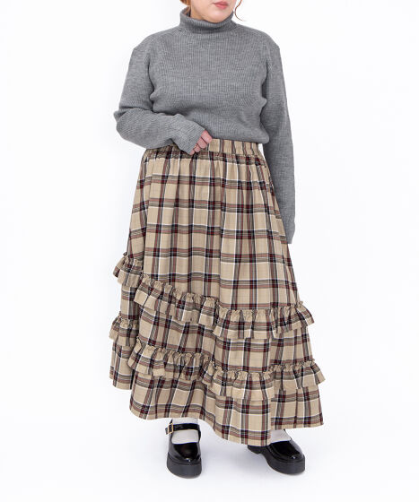 アシンメトリーチェックフリルロングスカート[商品：PN25AWR-013