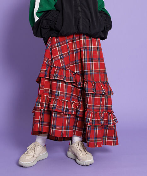 【美品】慈雨　ロング丈スカート・変形・アシンメトリー・ゴムウエスト・チェック柄 美品】慈雨 ロング丈スカート・変形・アシンメトリー・ゴム