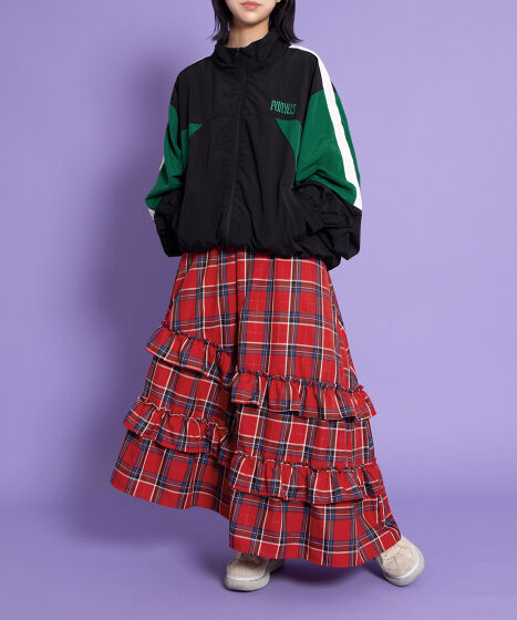 アシンメトリーチェックフリルロングスカート[商品：PN25AWR-013