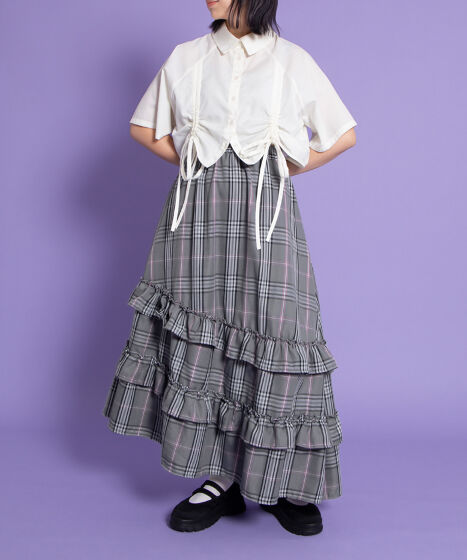アシンメトリーチェックフリルロングスカート[商品：PN25AWR-013