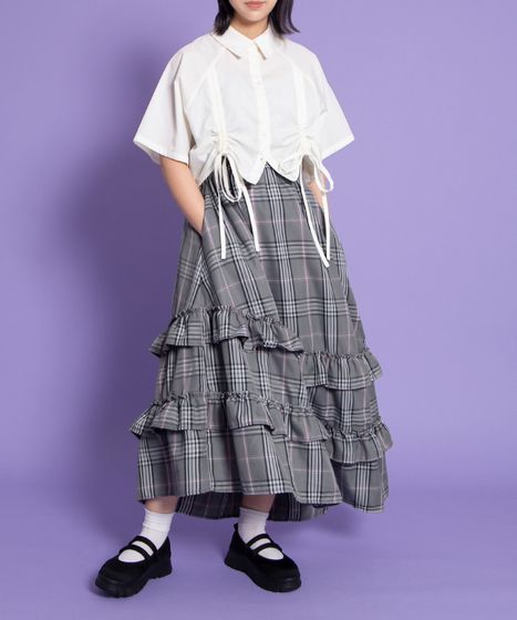 アシンメトリーチェックフリルロングスカート[商品：PN25AWR-013