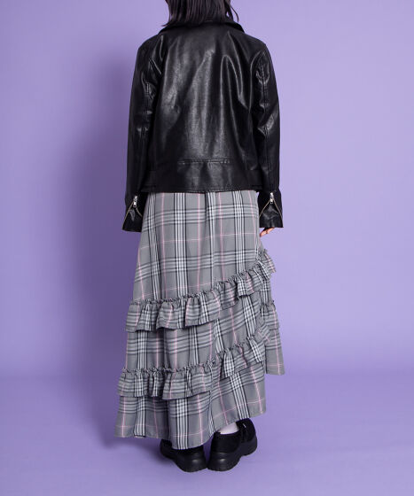 【美品】慈雨　ロング丈スカート・変形・アシンメトリー・ゴムウエスト・チェック柄 美品】慈雨 ロング丈スカート・変形・アシンメトリー・ゴム