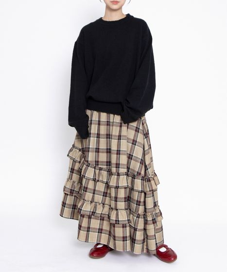 アシンメトリーチェックフリルロングスカート[商品：PN25AWR-013