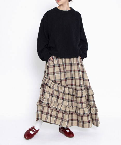 アシンメトリーチェックフリルロングスカート[商品：PN25AWR-013
