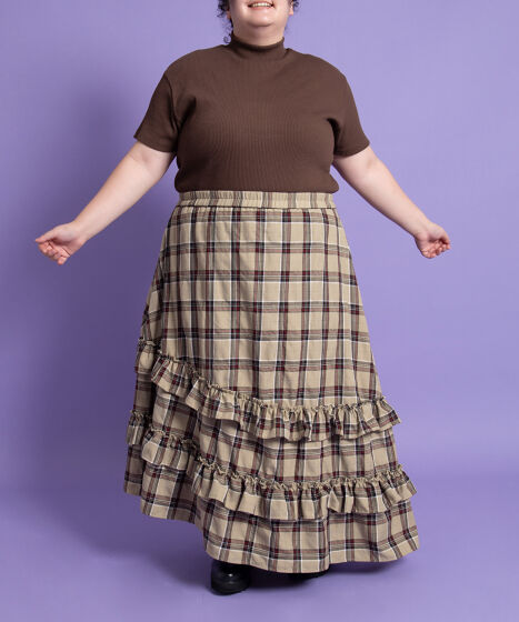 チェック柄フリル袖ロングスカート カジュアルコーデ ティアードフリルチェック柄ロングスカート