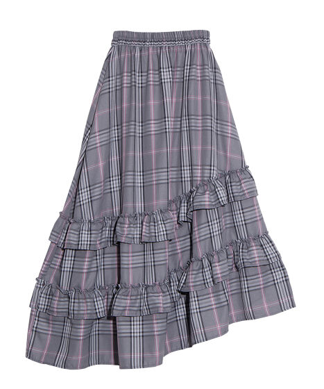 アシンメトリーチェックフリルロングスカート[商品：PN25AWR-013