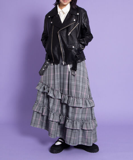 フリル付きブラックダブルライダースジャケット フリル付きブラックダブルライダースジャケット ダブルライダース