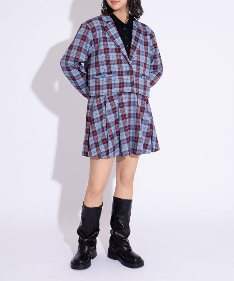 ⚠️2点ご購入ページ⚠️チェック柄ショート薄手ジャケット　フロント編み上げスエット チェックショートジャケット[商品：PN25AWR-018] - PUNYUS Online