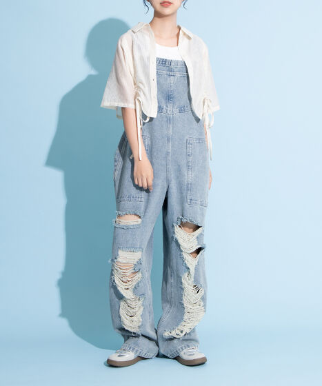 ダメージデニムオーバーオール[商品：PN25SS-013] - PUNYUS