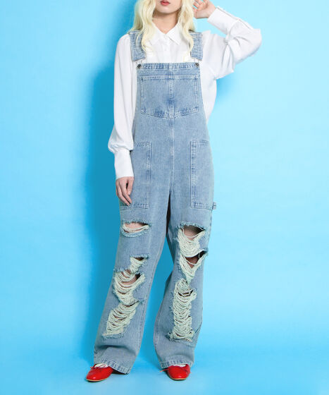 ダメージデニムオーバーオール[商品：PN25SS-013] - PUNYUS