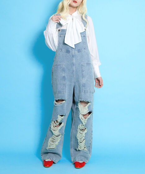 ダメージデニムオーバーオール[商品：PN25SS-013] - PUNYUS