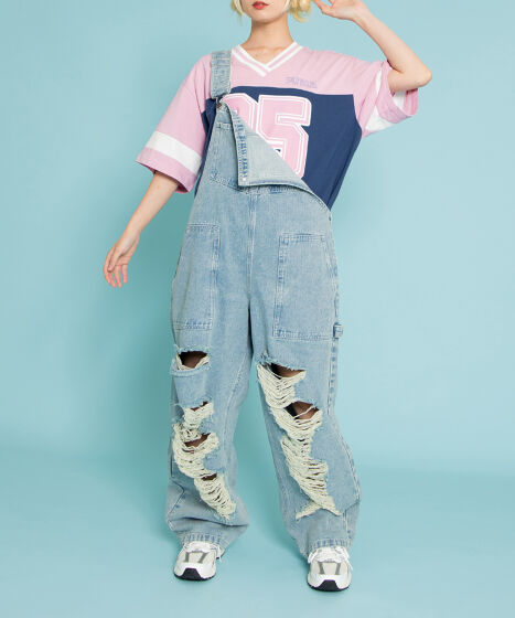 ダメージデニムオーバーオール[商品：PN25SS-013] - PUNYUS