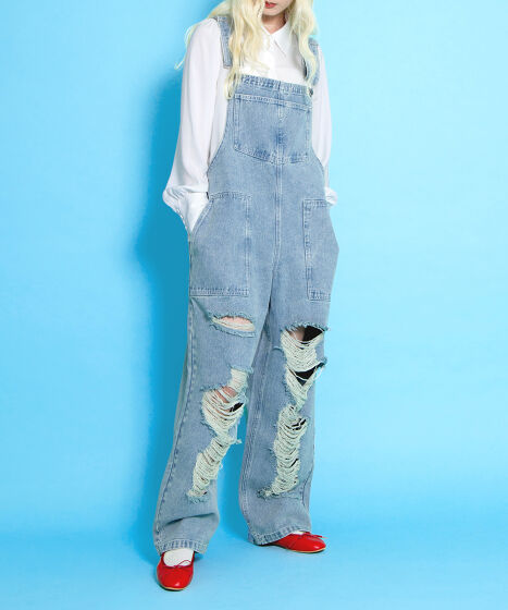 ダメージデニムオーバーオール[商品：PN25SS-013] - PUNYUS