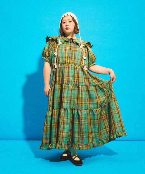パフスリーブティアードチェックワンピース[商品：PN25SS-029