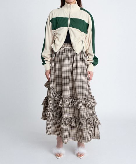アシンメトリーチェックフリルロングスカート[商品：PN26SS-037