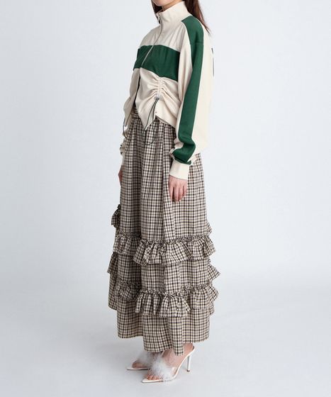 アシンメトリーチェックフリルロングスカート[商品：PN26SS-037
