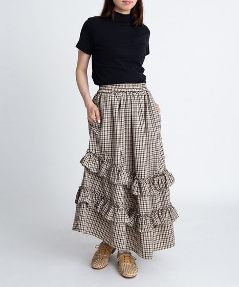 アシンメトリーチェックフリルロングスカート[商品：PN26SS-037