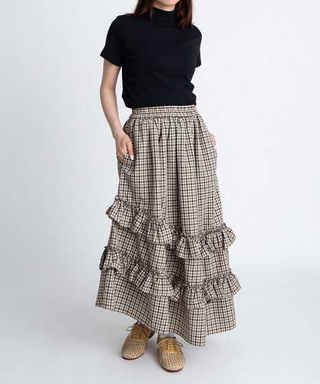 アシンメトリーチェックフリルロングスカート[商品：PN26SS-037