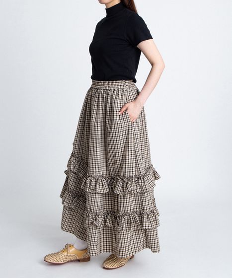 アシンメトリーチェックフリルロングスカート[商品：PN26SS-037