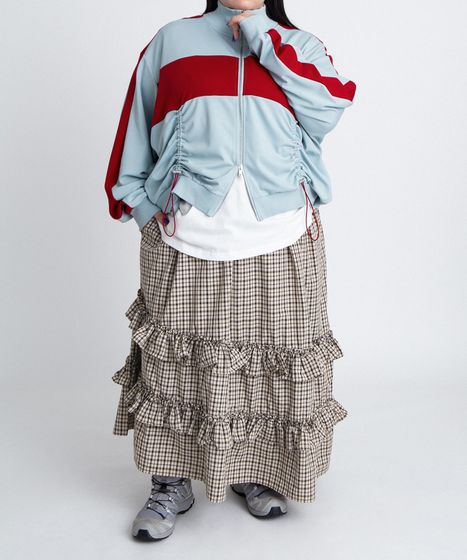 アシンメトリーチェックフリルロングスカート[商品：PN26SS-037