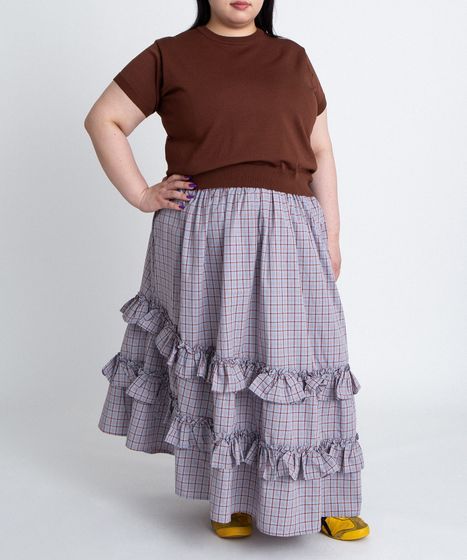 アシンメトリーチェックフリルロングスカート[商品：PN26SS-037