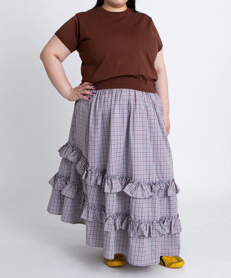 アシンメトリーチェックフリルロングスカート[商品：PN26SS-037