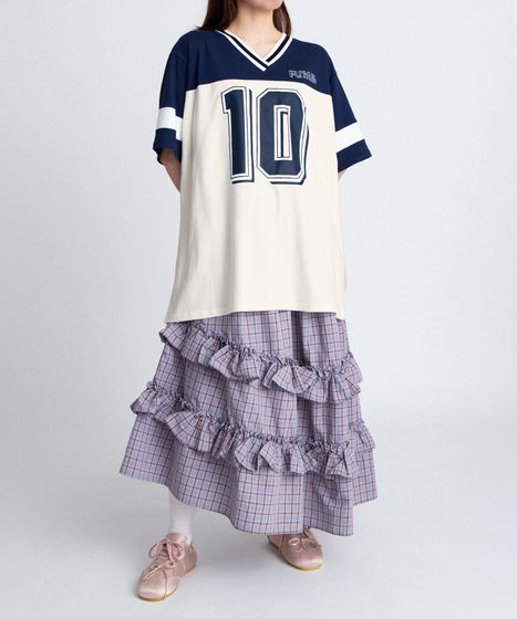 アシンメトリーチェックフリルロングスカート[商品：PN26SS-037