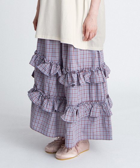 アシンメトリーチェックフリルロングスカート[商品：PN26SS-037